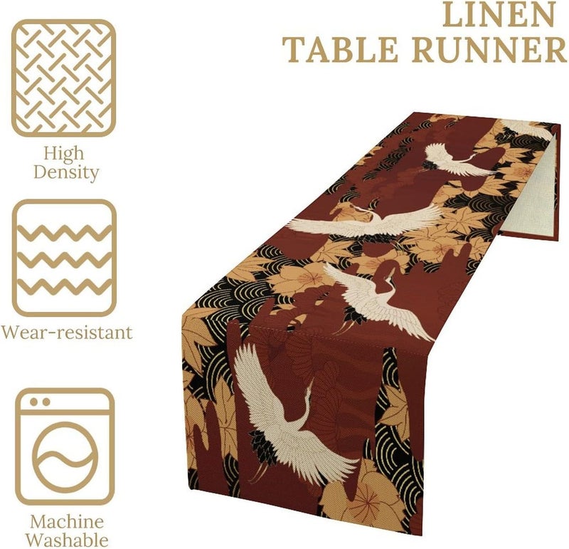 JanJCurt Retro Japanese Crane Table Runner Luxury Gold Red Oriental Style Chinese Crane Bird Flower Print Table Runner for Kitchen Dining Table Holiday Party Wedding Decoration 13x90inch - Image 4