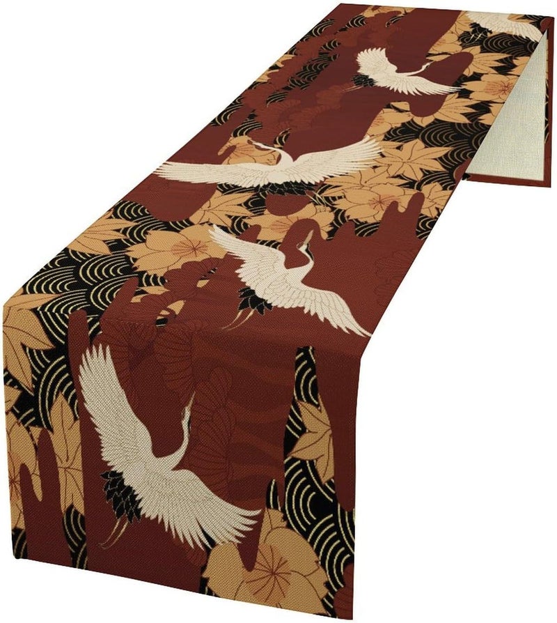 JanJCurt Retro Japanese Crane Table Runner Luxury Gold Red Oriental Style Chinese Crane Bird Flower Print Table Runner for Kitchen Dining Table Holiday Party Wedding Decoration 13x90inch - Image 1