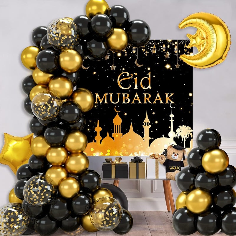 FengRise Eid Ramadan Decorations - 74PCS Black Gold Confetti Balloons with Moon Star Foil Balloon and Backdrop - Image 4