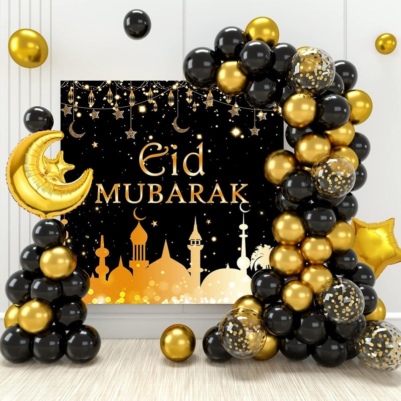 FengRise Eid Ramadan Decorations - 74PCS Black Gold Confetti Balloons with Moon Star Foil Balloon and Backdrop - Image 1