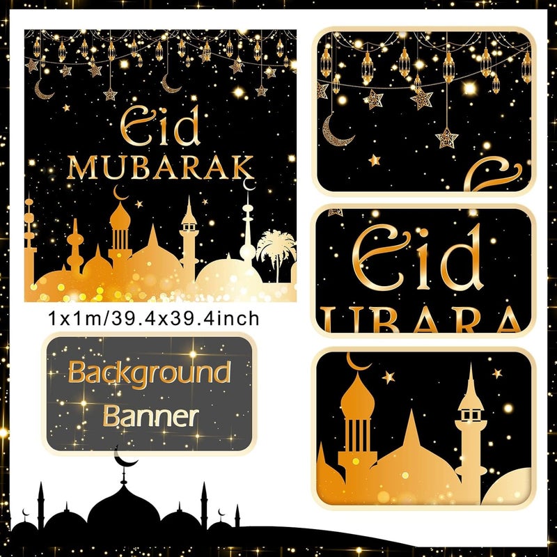 FengRise Eid Ramadan Decorations - 74PCS Black Gold Confetti Balloons with Moon Star Foil Balloon and Backdrop - Image 3
