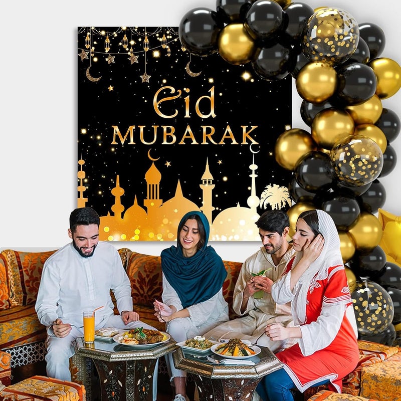 FengRise Eid Ramadan Decorations - 74PCS Black Gold Confetti Balloons with Moon Star Foil Balloon and Backdrop - Image 5