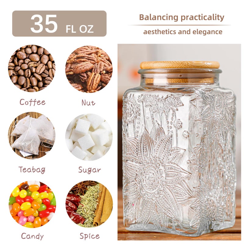 Custde Glass Storage Jars With Airtight Lid, 35oz Canister For Kitchen Counter with Bamboo Lid, brown sugar, candy, coffee, cookie, salt, tea,pantry cute Jar (Large Square Sunflower) - Image 4