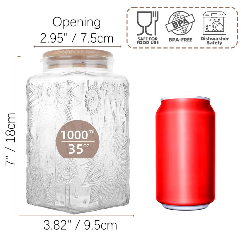 Custde Glass Storage Jars With Airtight Lid, 35oz Canister For Kitchen Counter with Bamboo Lid, brown sugar, candy, coffee, cookie, salt, tea,pantry cute Jar (Large Square Sunflower) - Image 3