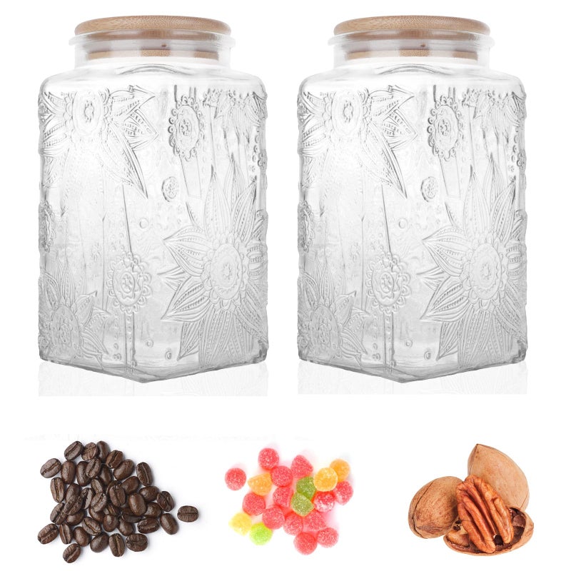 Custde Glass Storage Jars With Airtight Lid, 35oz Canister For Kitchen Counter with Bamboo Lid, brown sugar, candy, coffee, cookie, salt, tea,pantry cute Jar (Large Square Sunflower) - Image 2