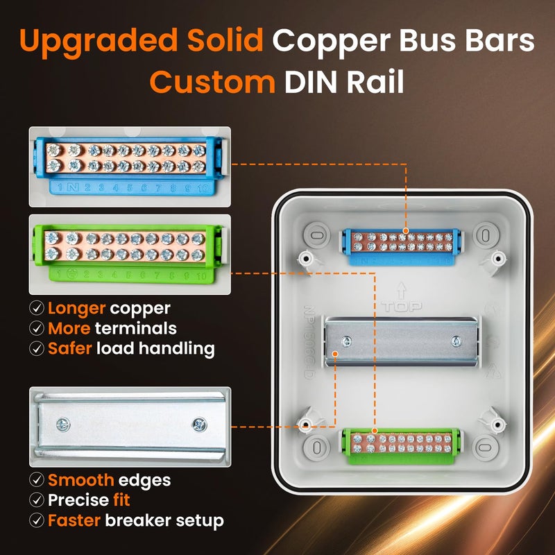 QILIPSU 6 Way DIN Rail Circuit Breaker Box UL94-V0 PC/ABS IP65 Waterproof Distribution Enclosure with Longer Bus Bars for Indoor Outdoor and Solar Use - Image 4