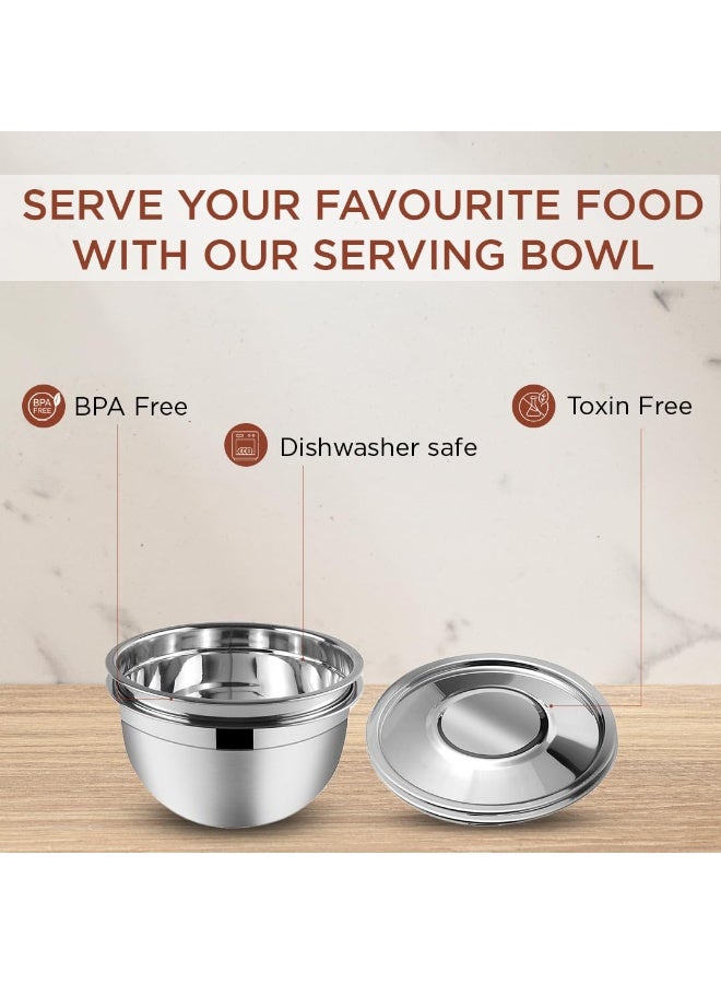 Kraft Stainless Steel Serving Bowl with Lid Set of 2 pcs - 18cm | Mixing Steel Big Bowl | Salad, Fruit, Desert, katori Set | Matt Finish, Food Grade | 2 Year Warranty - Silver - Image 3