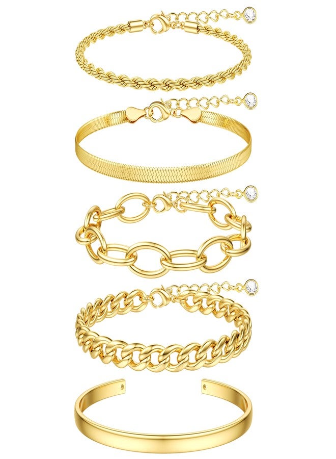 TEN MIRO 16k Gold Chunky Bracelet for Women Trendy, Dainty Gold Chain Bracelet Stack Non Tarnish Gold Bracelet Pack Chunky Layered Cable Rope Snake Chain Cuban Link Bracelet, Medium, Brass, no - Image 1