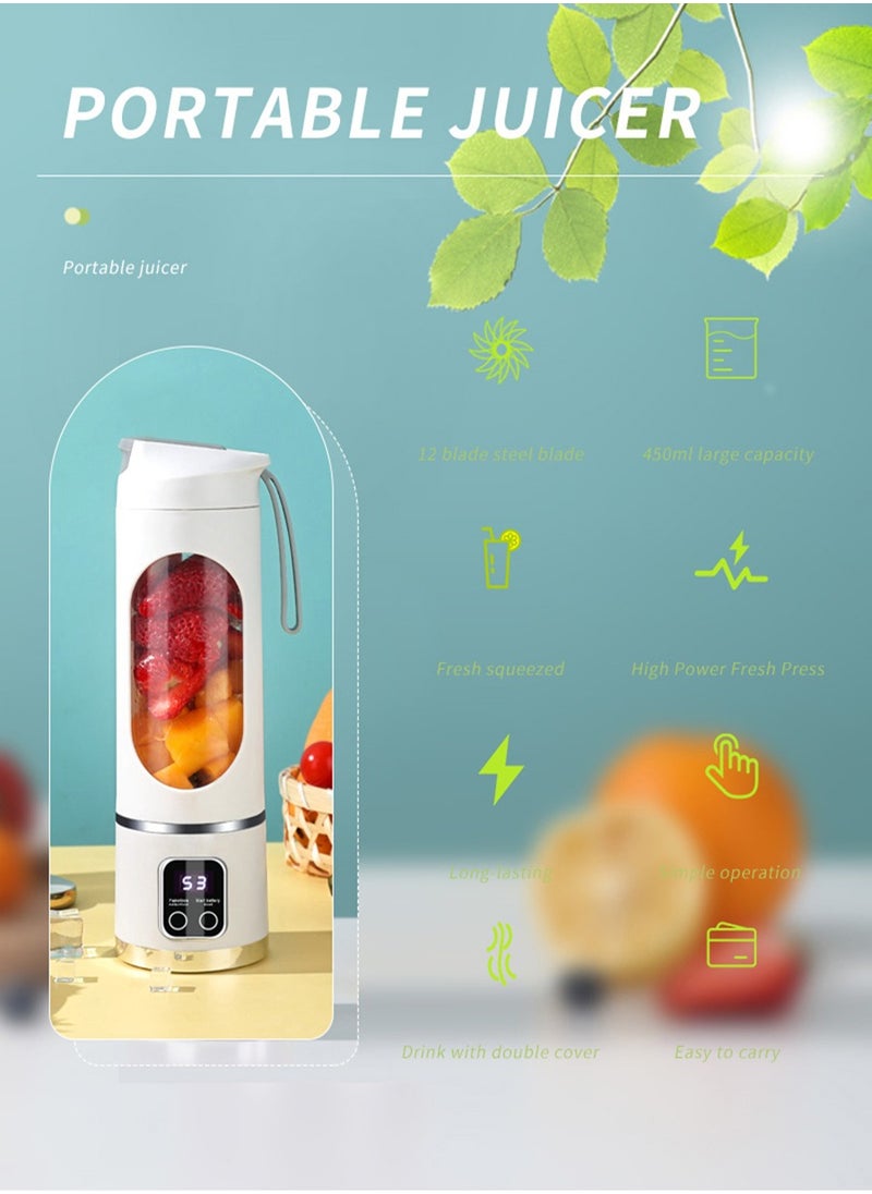 Mixer Juicer for Vegetables and Fruits, Juice, Baby Food, Ice, Multi-functional, 450ML, 4000mAh, Portable, Magnetic Induction Safety Feature, USB Rechargeable, Suitable for Outdoor, Travel, Office