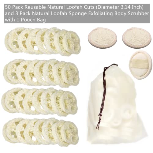 ENLAYER 50Pcs Natural Loofah Cuts Slice of 3.15inch, Reusable Cleaner Sponge Scrubber, Facial Soap Holder and DIY Customize Soap Tools, with 3Pcs Exfoliating Loofah Pad and 1 Storage Bag - Image 3