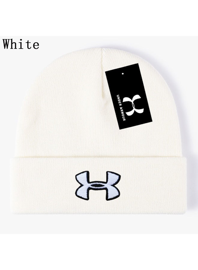 Under Armour White Ribbed Knit Beanie (Black-Outlined Logo)