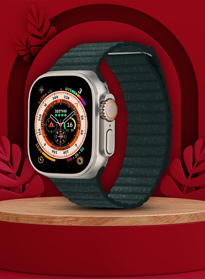 CATANES 49mm 46mm 45mm 44mm Leather Loop Band for Apple Watch Magnetic Watch Strap Wristband - Dark Green - Image 3