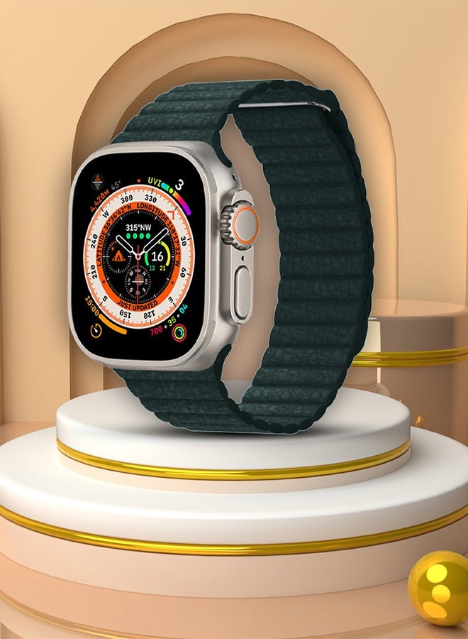 CATANES 49mm 46mm 45mm 44mm Leather Loop Band for Apple Watch Magnetic Watch Strap Wristband - Dark Green - Image 2