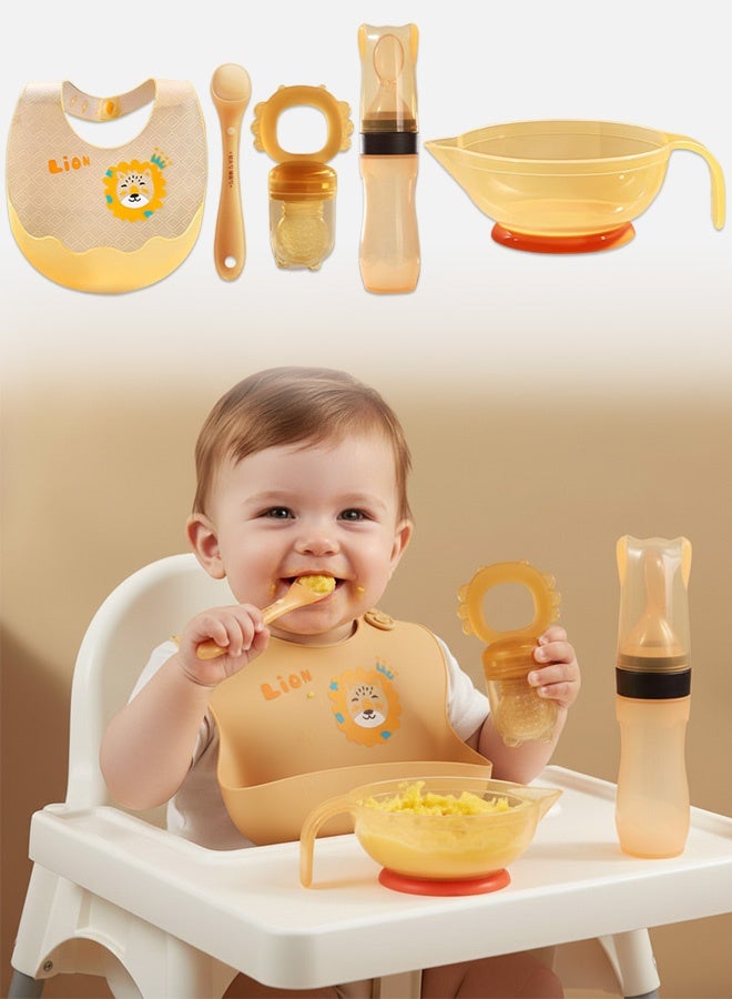 Sharpdo 5 Piece Baby Silicone Feeding Set, Toddler Plates for Kids Self Feeding, Baby Food Bottle, Fruit Feeder, Silicone Bib, Toddler Bowl, Soft Spoon, Food Grade Silicone Plates - Image 1