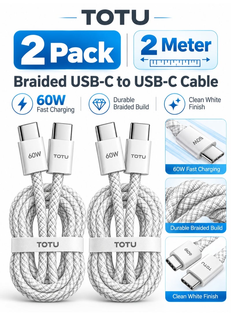 توتو كابل شحن سريع TOTU USB-C إلى USB-C بقوة 60 واط، 2 متر، عبوة من 2، مضفر، أبيض - Image 1