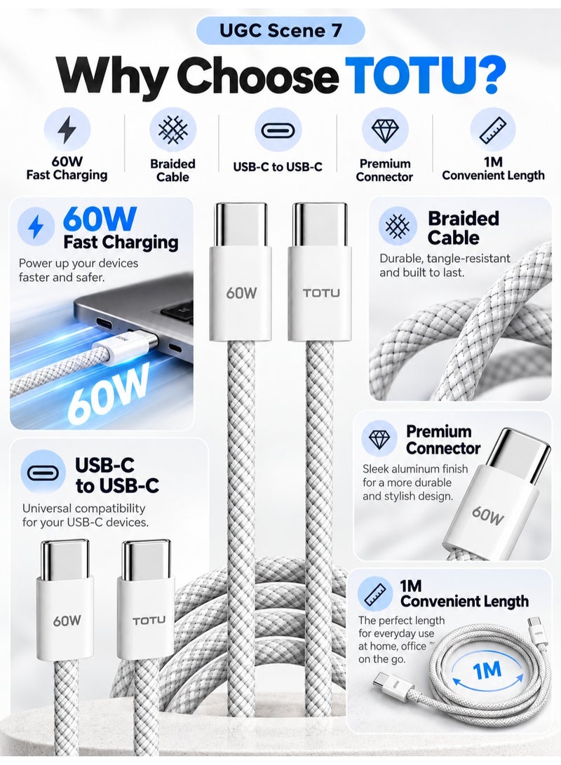 توتو كابل شحن سريع TOTU USB-C إلى USB-C بقوة 60 واط، 2 متر، عبوة من 2، مضفر، أبيض - Image 3