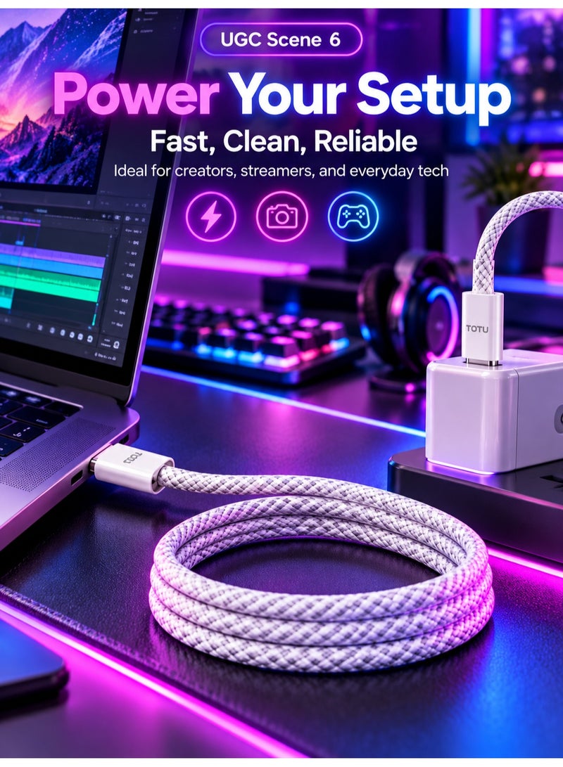 توتو كابل شحن سريع TOTU USB-C إلى USB-C بقوة 60 واط، 2 متر، عبوة من 2، مضفر، أبيض - Image 4