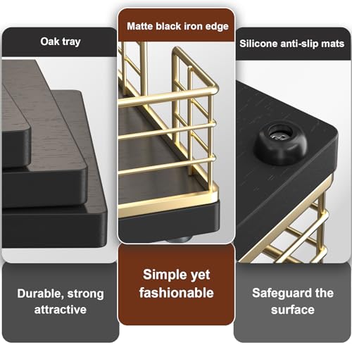 Wican Guest Towel Holder Tray for Bathroom, Oak and Iron Napkins Holder for Powder Room Dinning Table Wooden Basket for Disposable Paper Hand Towels Gold and Black - Image 4