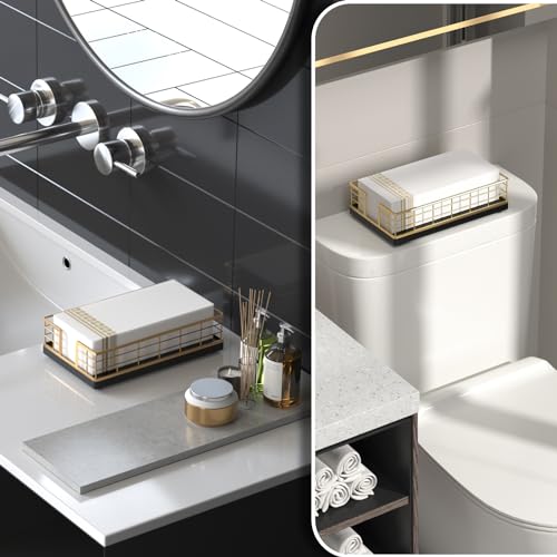 Wican Guest Towel Holder Tray for Bathroom, Oak and Iron Napkins Holder for Powder Room Dinning Table Wooden Basket for Disposable Paper Hand Towels Gold and Black - Image 2