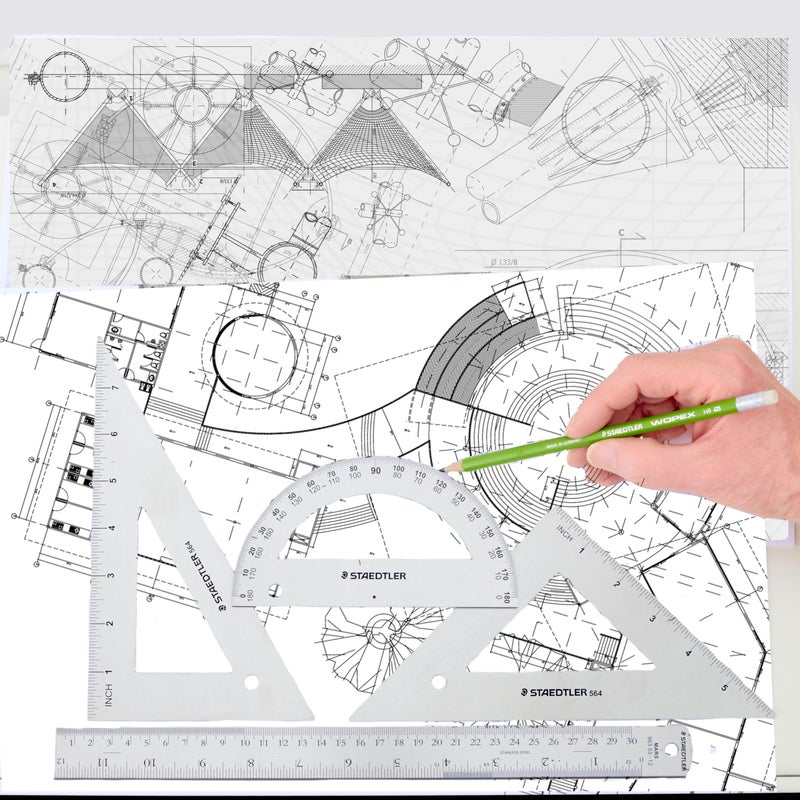 STAEDTLER Stainless Steel Math Set - With 12in Ruler, 2 Triangle Set Squares (45/90Â° & 30/60Â°), 6in Protractor - Precision Drawing & Drafting - Image 3