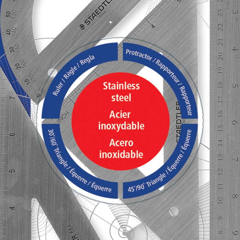 STAEDTLER Stainless Steel Math Set - With 12in Ruler, 2 Triangle Set Squares (45/90Â° & 30/60Â°), 6in Protractor - Precision Drawing & Drafting - Image 2