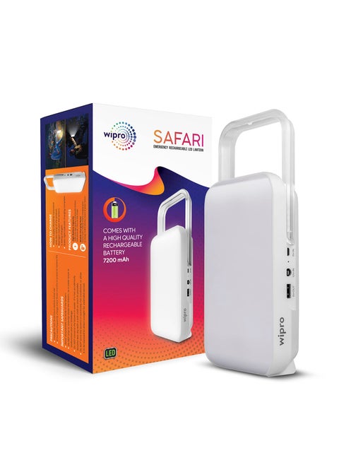 wipro Safari Emergency Rechargeable Led Lantern with 7200 Mah Battery 122 Individual Led Lights Brightness Control Feature in Built Mobile Charging Point15 Watt Pack of 1 White