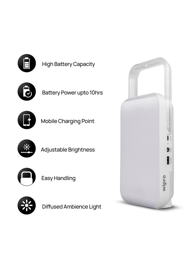 wipro Safari Emergency Rechargeable Led Lantern with 7200 Mah Battery 122 Individual Led Lights Brightness Control Feature in Built Mobile Charging Point15 Watt Pack of 1 White