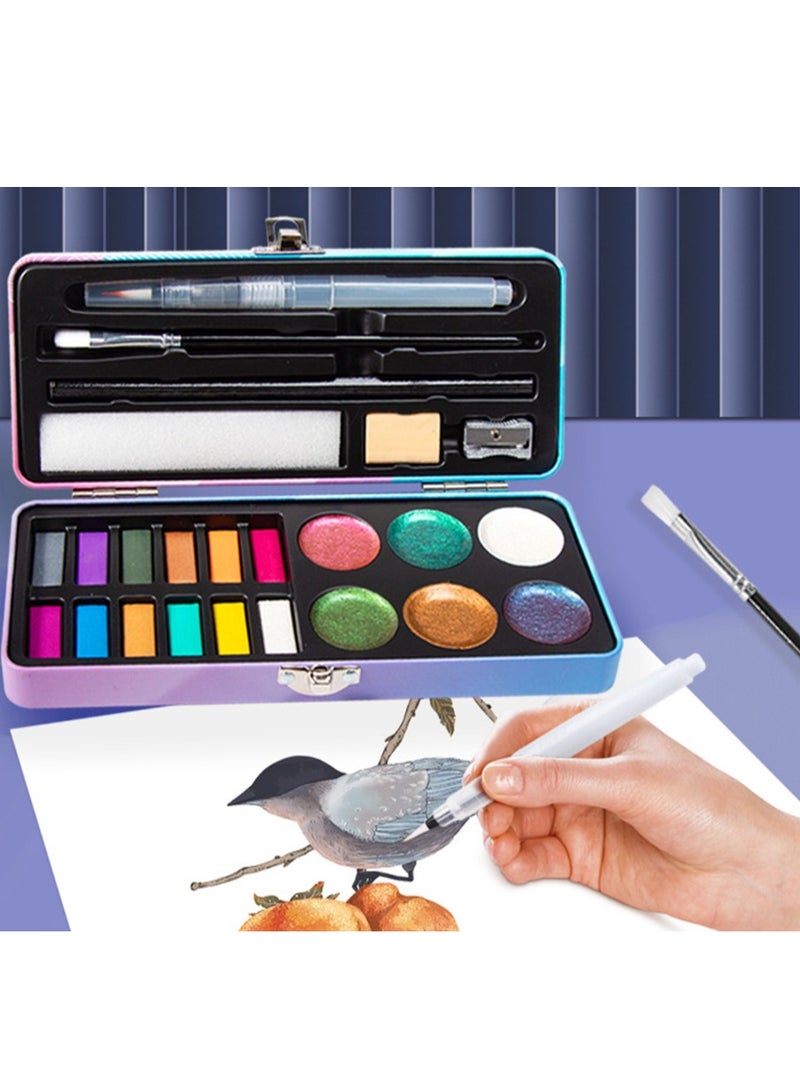 Generic Watercolor Paint Set Portable Travel Watercolor Set with Water Brush Pen Pencil Eraser Watercolor for Adult Beginner 18 Colors Glitter Watercolor Paint 12 Metallic Colors 6 Chameleon Colors  - Image 1