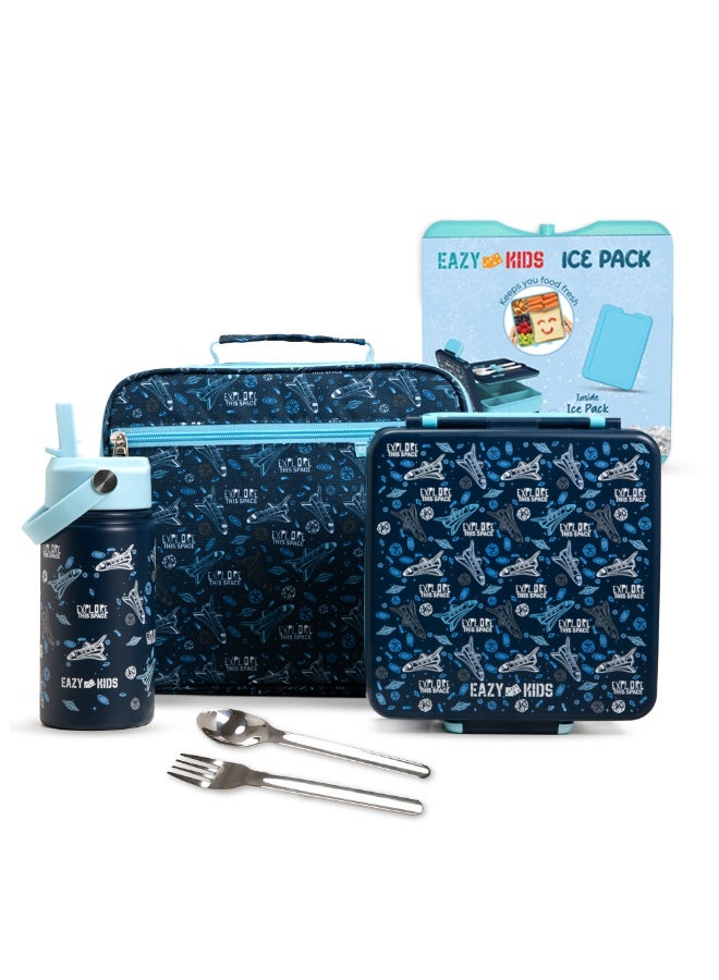 Eazy Kids Jumbo Bento Lunch Box w/ 360ml Steel Water Bottle, Spoon & Fork Set, and Insulated Lunch Bag - Aircraft Blue - Image 1