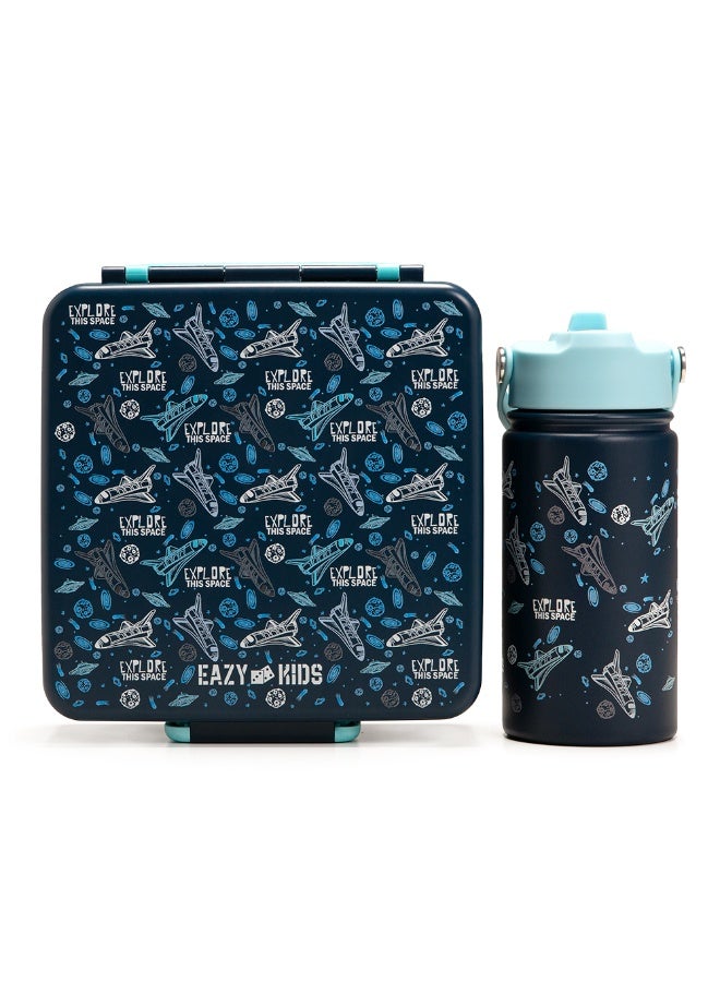 Eazy Kids Jumbo Bento Lunch Box w/ 360ml Steel Water Bottle, Spoon & Fork Set, and Insulated Lunch Bag - Aircraft Blue - Image 3