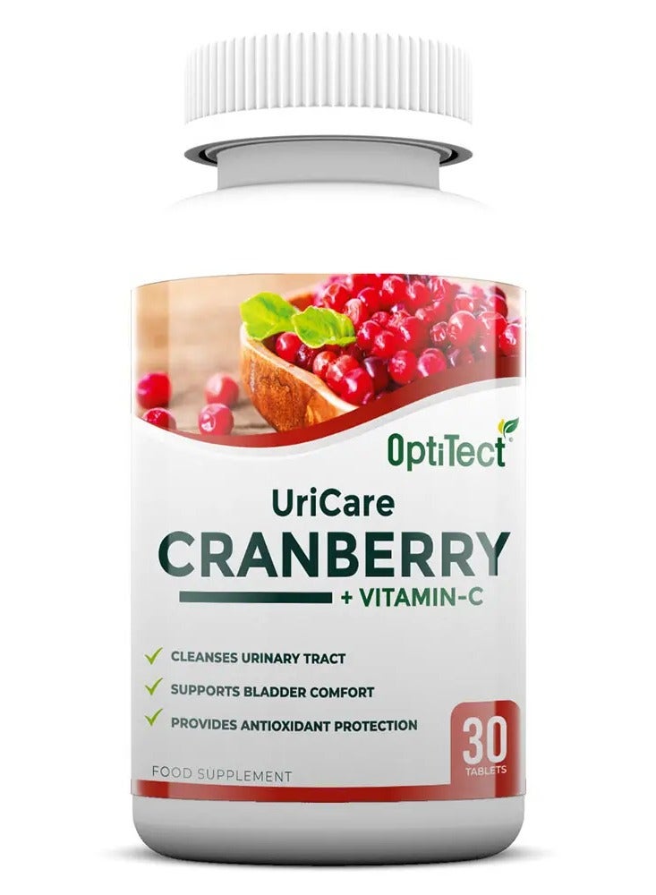 OptiTect Uricare Cranberry + Vitamin C Tablets, Daily Dietary Supplement, Cranberry Extract & Vitamin C, 30 Tablets - Image 1