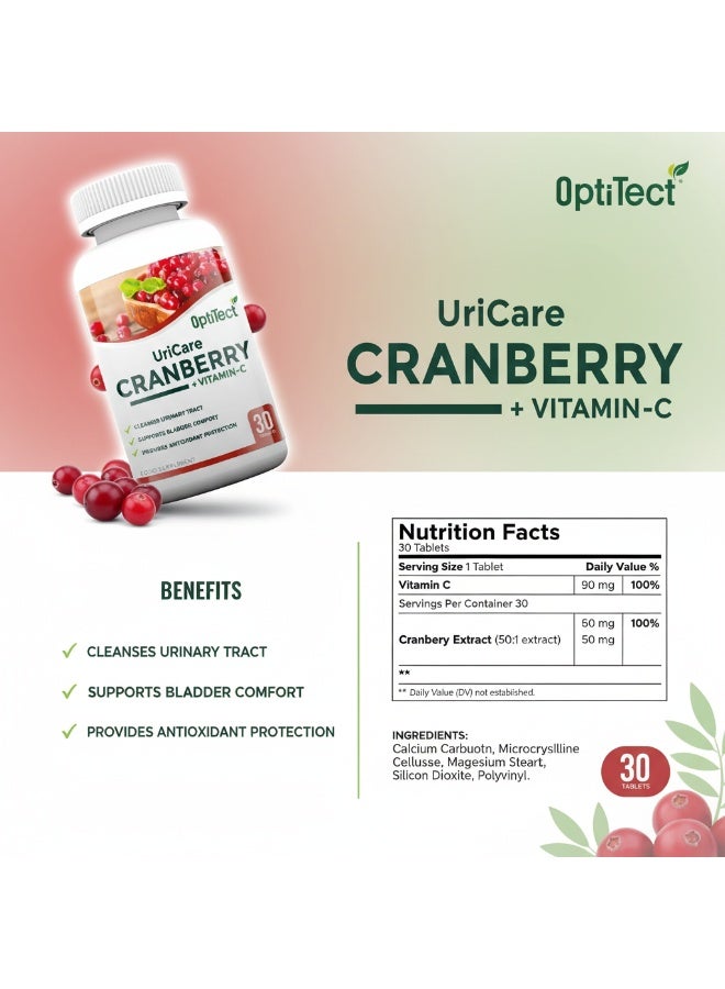 OptiTect Uricare Cranberry + Vitamin C Tablets, Daily Dietary Supplement, Cranberry Extract & Vitamin C, 30 Tablets - Image 4