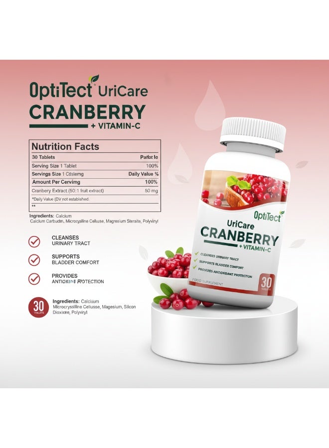OptiTect Uricare Cranberry + Vitamin C Tablets, Daily Dietary Supplement, Cranberry Extract & Vitamin C, 30 Tablets - Image 5