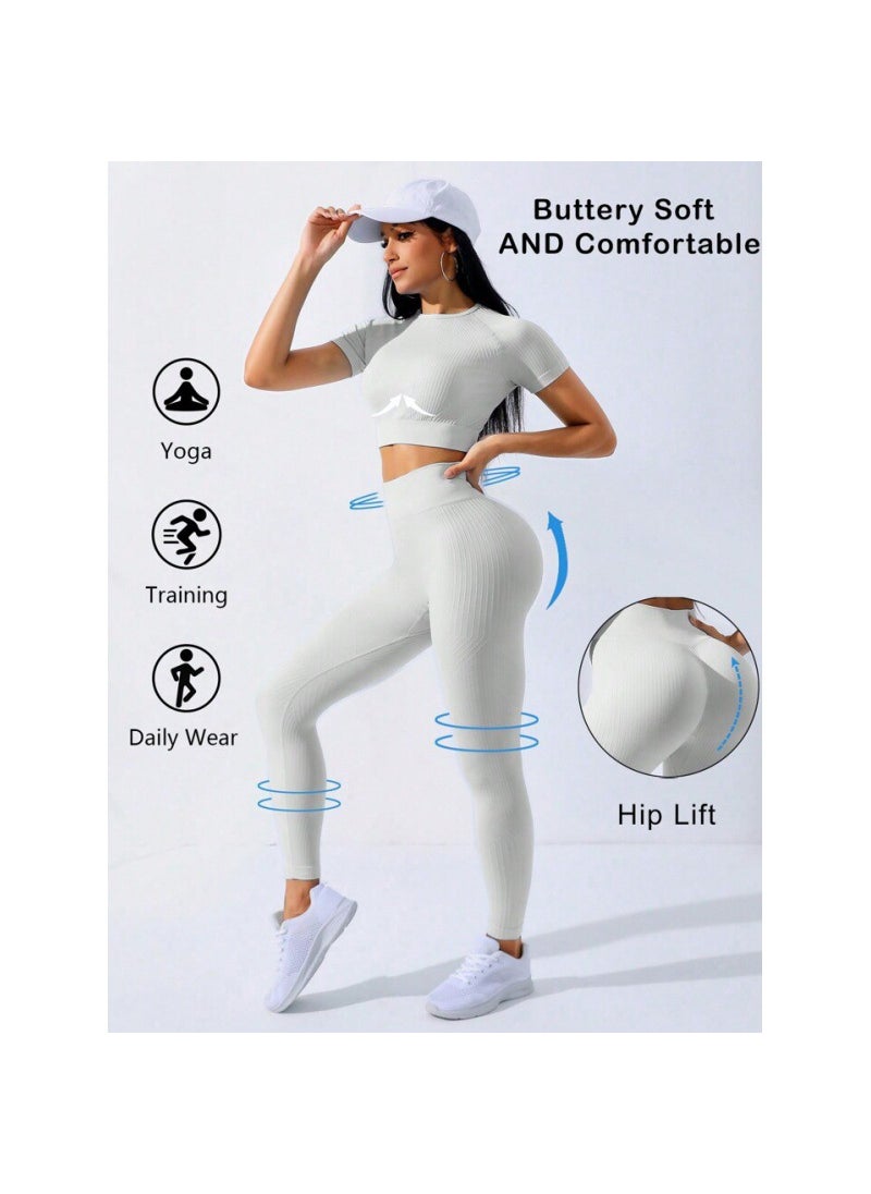 Generic - Seamless 5-Color Yoga Set Short Sleeve Peach Hip Pants Fitness Outfit silver gray - Image 1