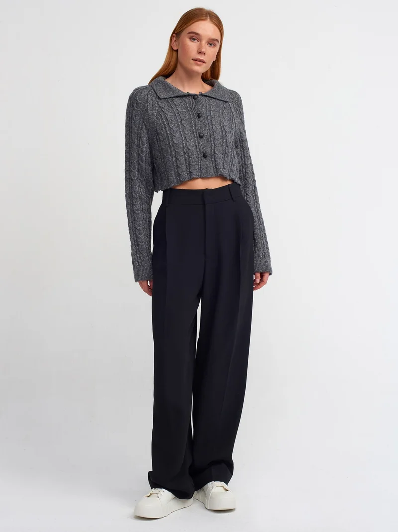 Dilvin 60203 Polo Collar Buttoned Glitter Crop Knitwear Cardigan-Smoked-Black