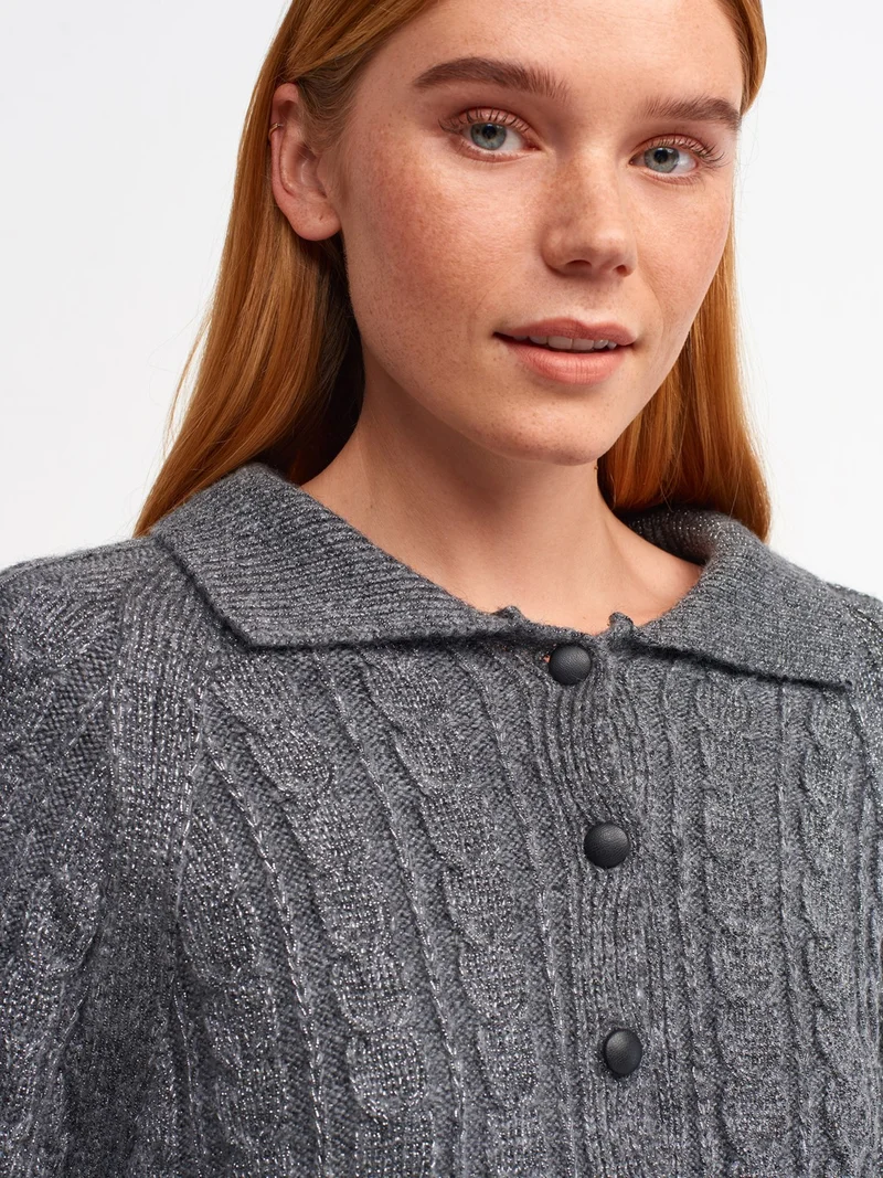 Dilvin 60203 Polo Collar Buttoned Glitter Crop Knitwear Cardigan-Smoked-Black