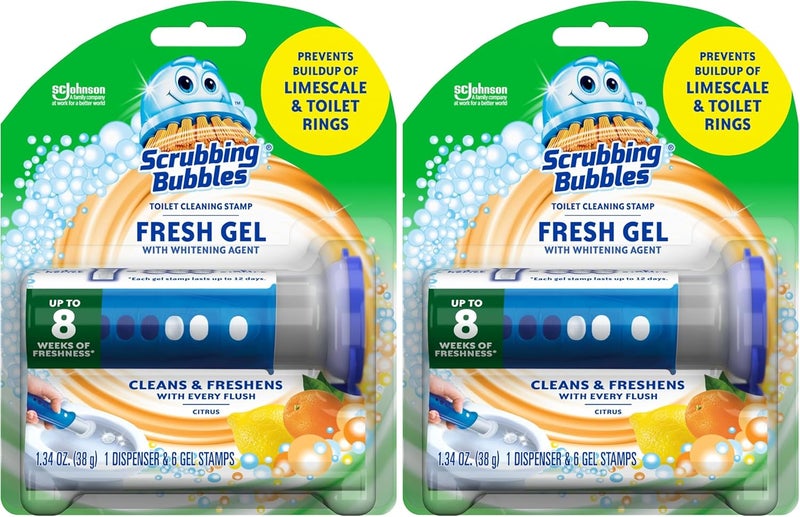 Scrubbing Bubbles Fresh Gel Toilet Cleaning Stamp, Citrus, Dispenser with 6 Stamps (Pack of 2) - Image 1