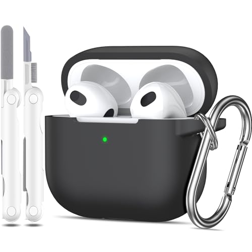 MHYALUDO غطاء MHYALUDO لجهاز AirPods الجيل الثالث 2021، حماية من السيليكون الناعم المقاوم للصدمات بمعيار عسكري مع سلسلة مفاتيح ومجموعة تنظيف، أسود - Image 1