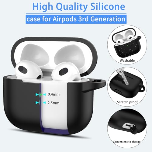 MHYALUDO غطاء MHYALUDO لجهاز AirPods الجيل الثالث 2021، حماية من السيليكون الناعم المقاوم للصدمات بمعيار عسكري مع سلسلة مفاتيح ومجموعة تنظيف، أسود - Image 3