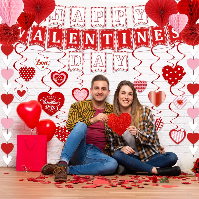 TEMYAXU Valentines Day Decorations  Valentines Party Supplies With Happy Valentines Day Banner Heart Garland Heart Hanging Swirls And Paper Fans  Love Decorations For Home Office Wedding Anniversary - Image 2