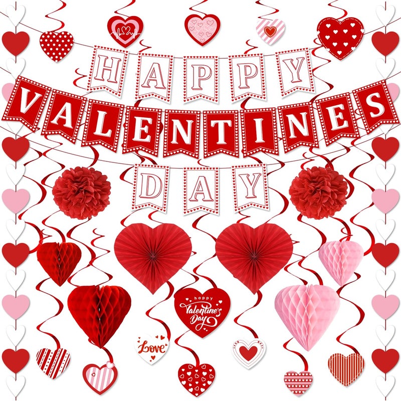 TEMYAXU Valentines Day Decorations  Valentines Party Supplies With Happy Valentines Day Banner Heart Garland Heart Hanging Swirls And Paper Fans  Love Decorations For Home Office Wedding Anniversary - Image 1