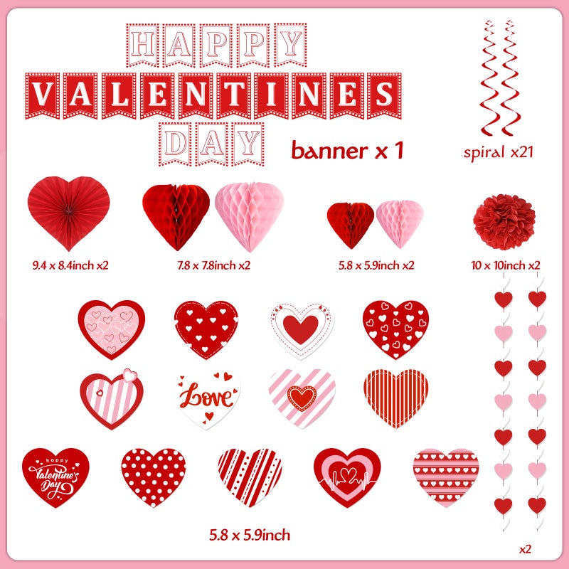 TEMYAXU Valentines Day Decorations  Valentines Party Supplies With Happy Valentines Day Banner Heart Garland Heart Hanging Swirls And Paper Fans  Love Decorations For Home Office Wedding Anniversary - Image 3