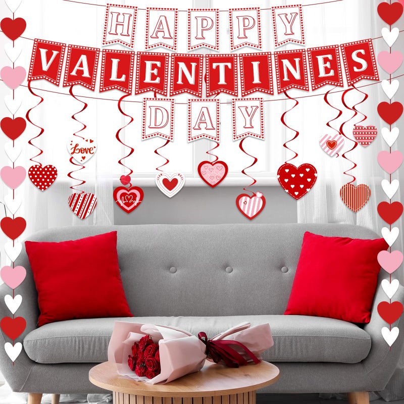 TEMYAXU Valentines Day Decorations  Valentines Party Supplies With Happy Valentines Day Banner Heart Garland Heart Hanging Swirls And Paper Fans  Love Decorations For Home Office Wedding Anniversary - Image 4