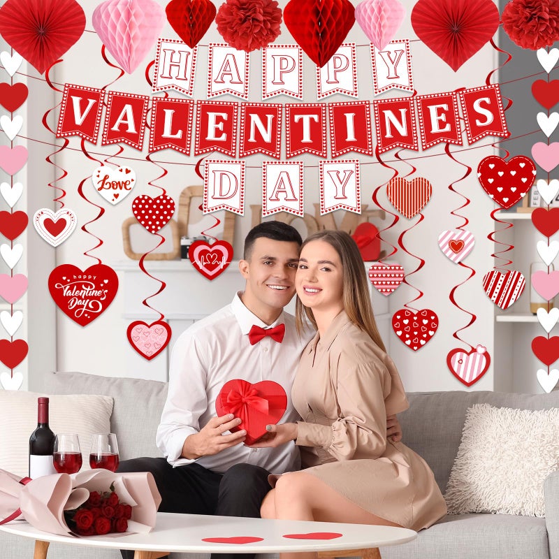 TEMYAXU Valentines Day Decorations  Valentines Party Supplies With Happy Valentines Day Banner Heart Garland Heart Hanging Swirls And Paper Fans  Love Decorations For Home Office Wedding Anniversary - Image 5