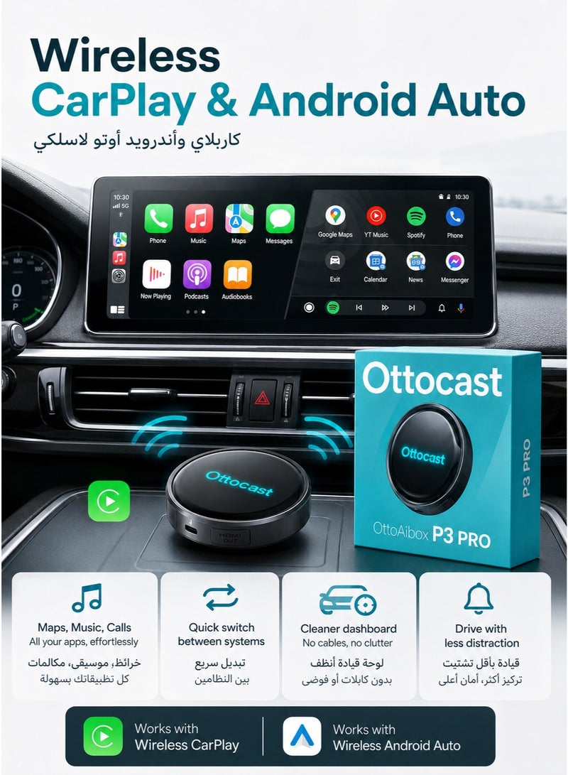 Ottocast P3 Pro Android AI Box 8GB+128GB, Upgrade Factory Wired CarPlay to Wireless CarPlay & Android Auto, Qualcomm 6225, Android 13, 4G SIM/TF/HDMI, OttoDrive 3.0 - Image 3