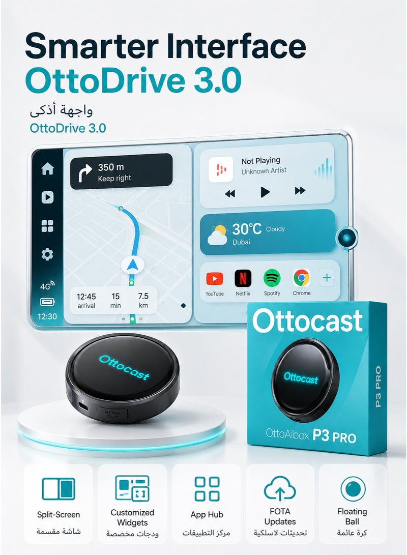 Ottocast P3 Pro Android AI Box 8GB+128GB, Upgrade Factory Wired CarPlay to Wireless CarPlay & Android Auto, Qualcomm 6225, Android 13, 4G SIM/TF/HDMI, OttoDrive 3.0 - Image 4