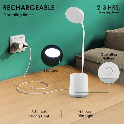 Gesto LED Study Lamp Rechargeable– Touch Control Table Lamp for Students with Flexible Neck| 3 Color Changing USB Desk Light for Study Table,Reading,Home,Office| Night Light with Mobile & Pen Holder - Image 4