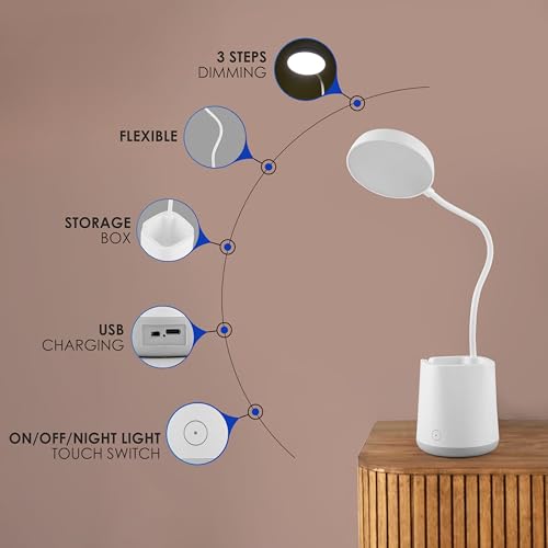 Gesto LED Study Lamp Rechargeable– Touch Control Table Lamp for Students with Flexible Neck| 3 Color Changing USB Desk Light for Study Table,Reading,Home,Office| Night Light with Mobile & Pen Holder - Image 3