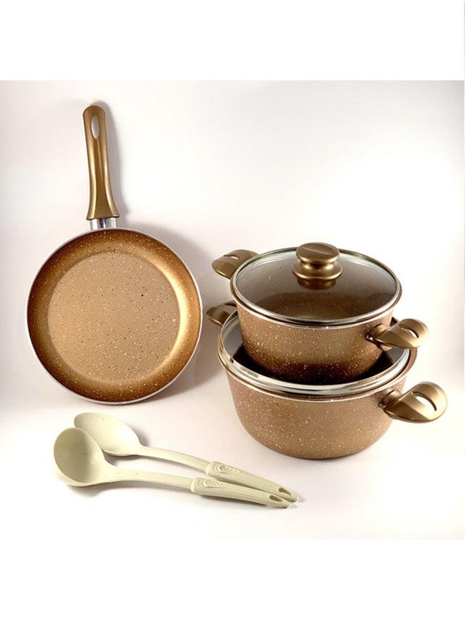 Homemaker 7-Piece Granite Eva Cookware Set - Glass Lids - 2 Deep Pots - 1 Frypan - 1 Spoon - 1 Scoop -  Non-Stick Surface - PFOA Free -  Brown  - Image 1