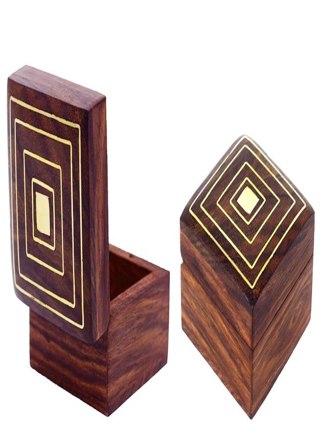 CRAFTCASTLE Handmade Wooden Jewellery Box for Women Wood Jewel Organizer Hand Carved with Brass Inlay Work Gift Items -[8x8x5 ] cm Set of 2pcs. - Image 1